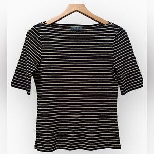 Ralph Lauren Black Gold Boatneck Nautical Short Sleeve Dress Top Size Medium